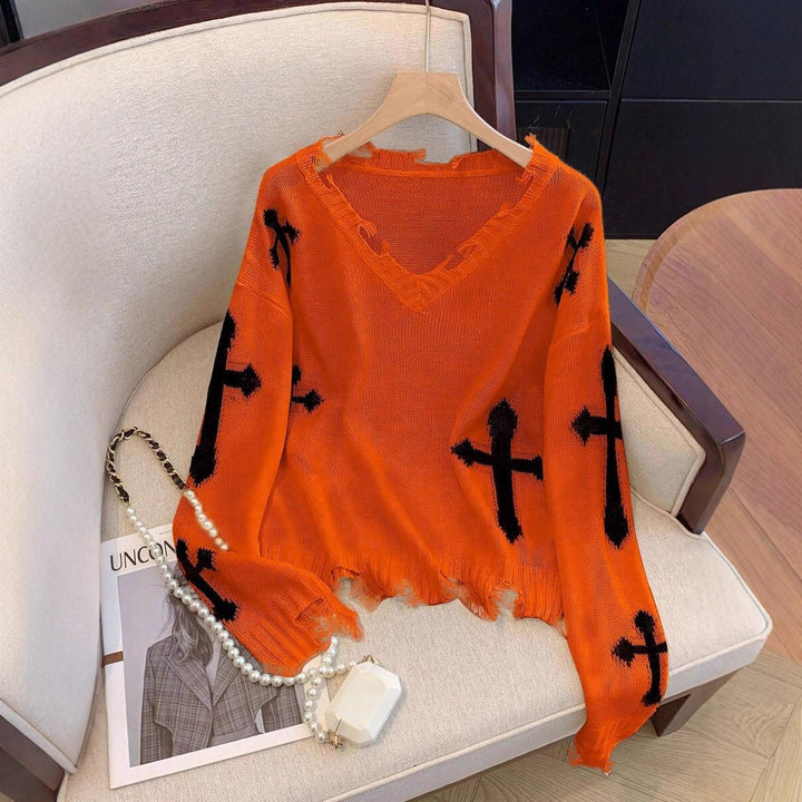 Damen trendiger Pulli mit fransigem Saum und coolem Kreuz-Design Drune