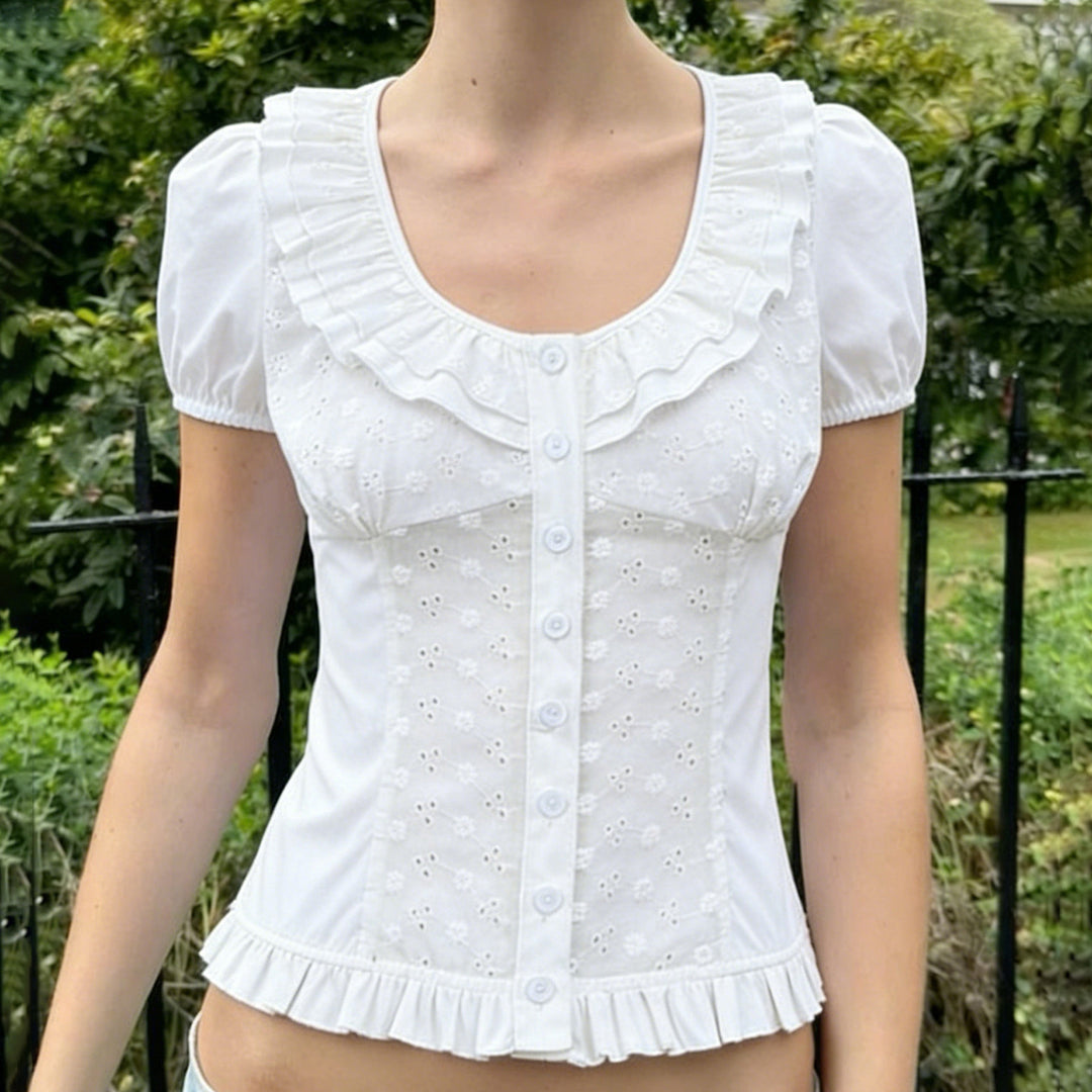 Damen Rüschenshirt mit floralem Design und voluminösen Ärmeln Drune
