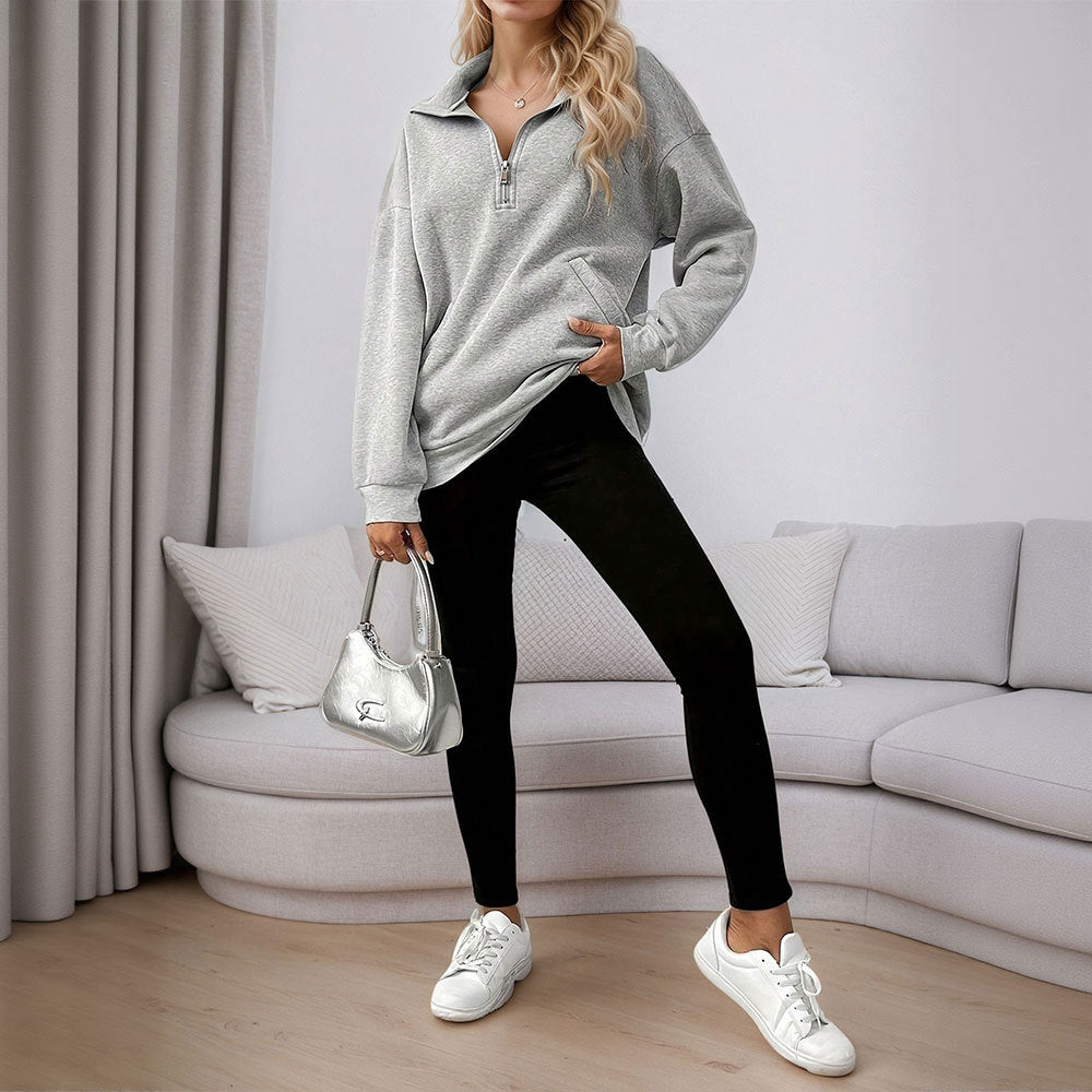 Damen lässiger Sweatpullover mit halbem Reißverschluss und praktischen Taschen Drune