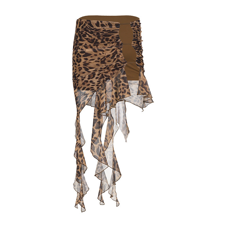 Damen asymmetrischer Leopardenrucksack mit Rüschendetails Drune