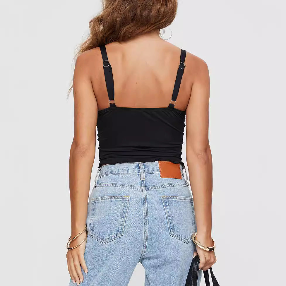Damen lässiges Spaghetti-Träger Top mit Rüschensaum und Wickeldetail Drune