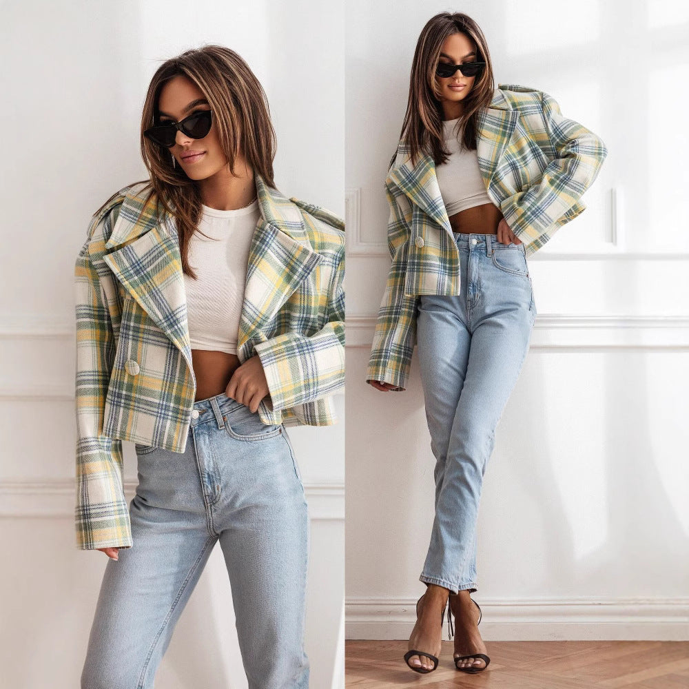 Damen Karierte Jacke im lässigen Crop-Style mit breitem Revers und Knopfdetails Drune