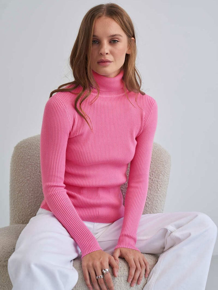 Damen elegante Rippstrickbluse mit hohem Kragen und enganliegendem Schnitt Drune