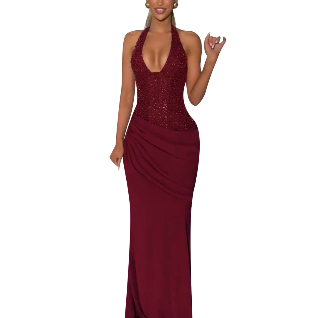 Damen glamouröses Abendkleid mit tiefem V-Ausschnitt und Rüschendetails Drune