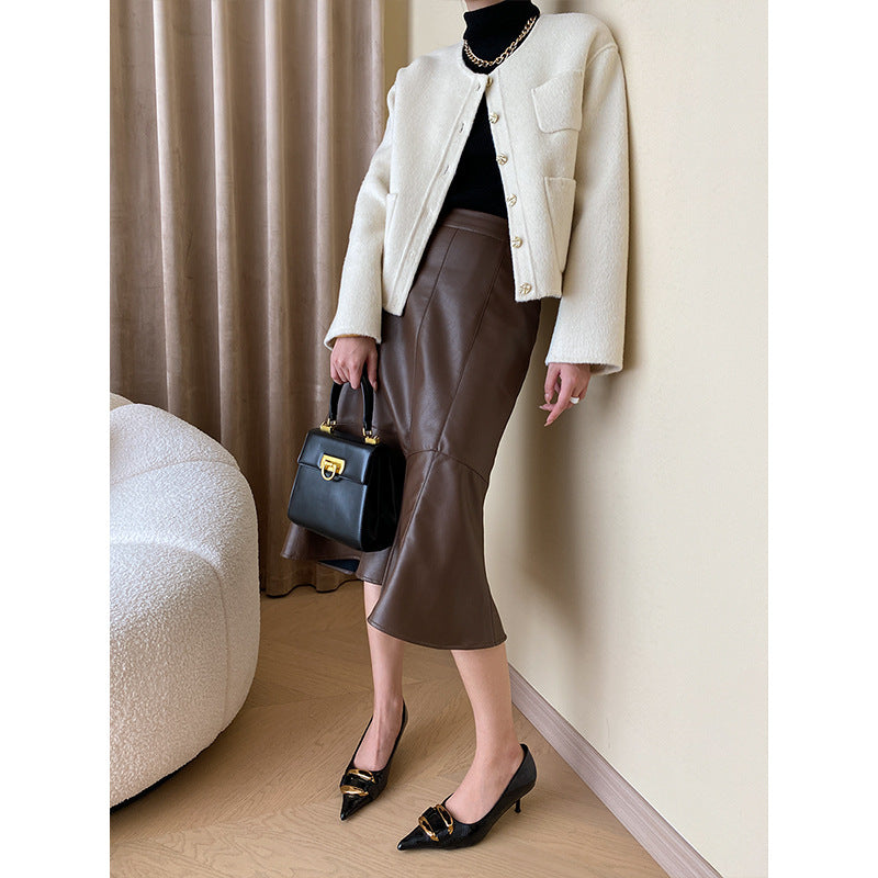Damen Eleganter Lederrock mit ausgestelltem Schnitt Drune