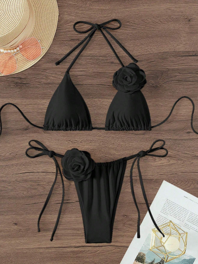 Damen Triangel-Bikini mit geflochtenem Rüschendesign und Blütendetail Drune