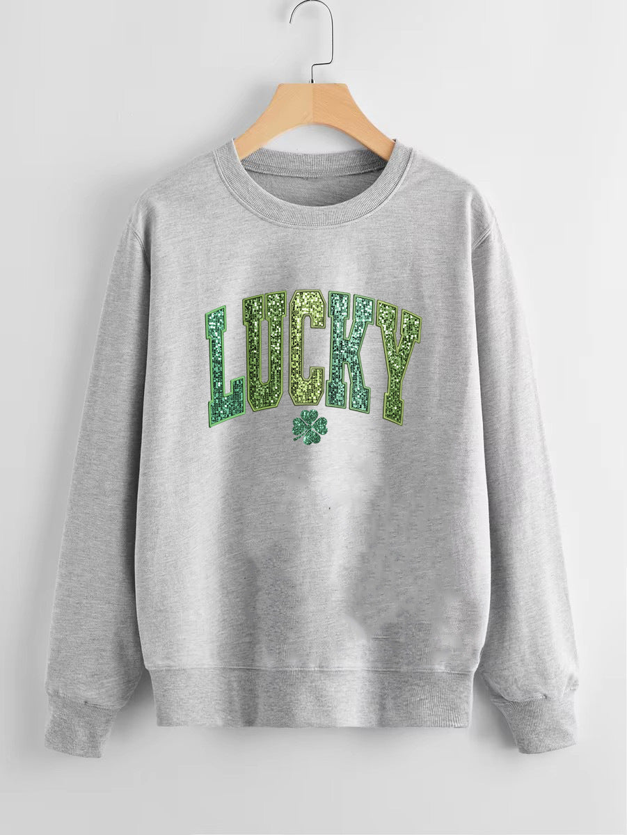 Damen lässiger Sweatshirt mit glitzerndem Schriftzug und Kleeblattmotiv Drune