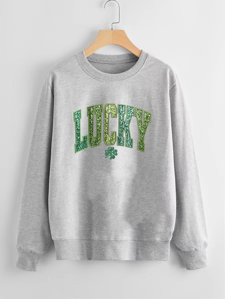 Damen lässiger Sweatshirt mit glitzerndem Schriftzug und Kleeblattmotiv Drune