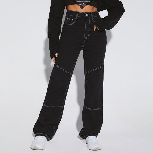 Damen breite High-Waist Jeans mit kontrastierenden Nähten und stilvollem Schnitt Drune