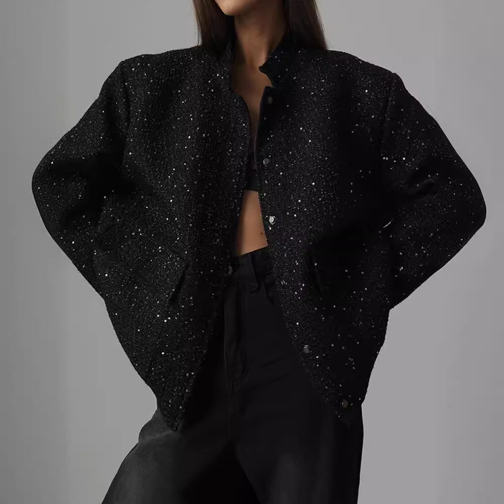 Damen Glamouröse Glitzerjacke mit oversized Schnitt und modischen Taschen Drune