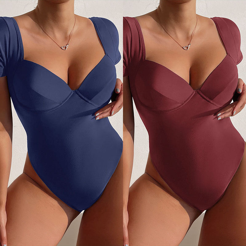 Damen Einteiler Badeanzug mit elegantem Bustier-Schnitt und kurzen Ärmeln Drune