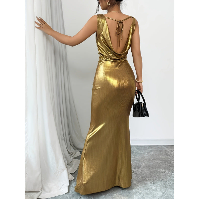 Damen elegantes Maxikleid mit schimmerndem Effekt und verführerischem Rückenausschnitt Drune