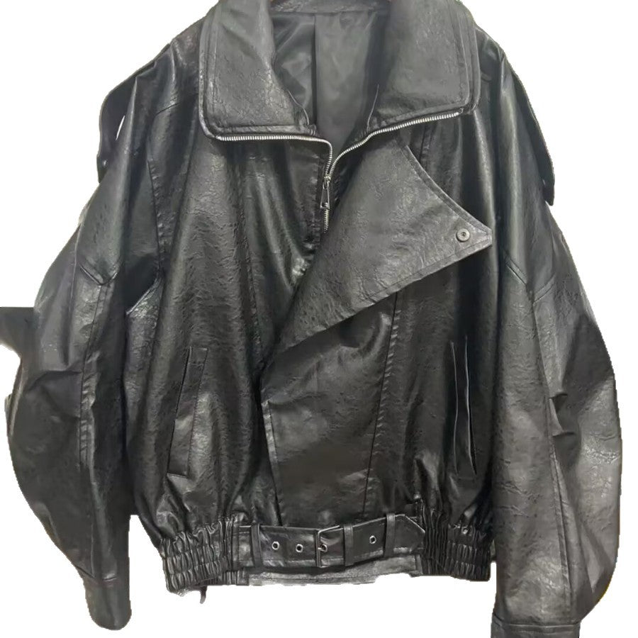 Damen modische Kunstlederjacke mit asymmetrischem Schnitt und dekorativem Gürtel Drune