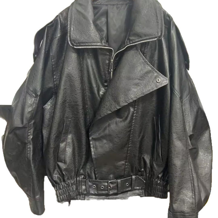Damen modische Kunstlederjacke mit asymmetrischem Schnitt und dekorativem Gürtel Drune