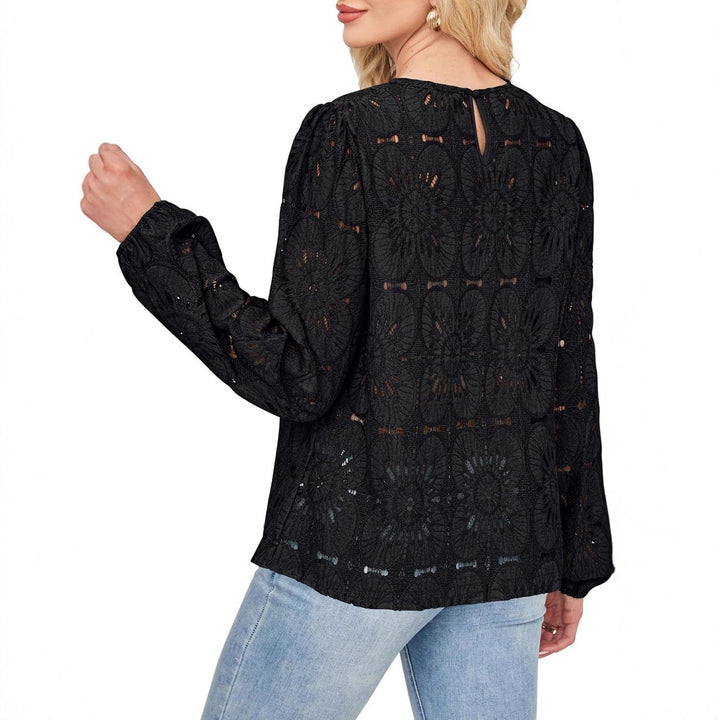Damen Stilvolles Blusenshirt mit floralem Lochmuster und weiten Ärmeln Drune