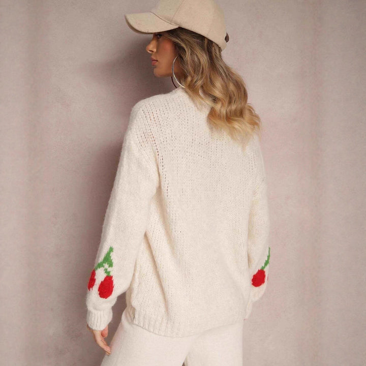 Damen Strickpullover mit fruchtigem Kirschmotiv und lässigem Schnitt Drune