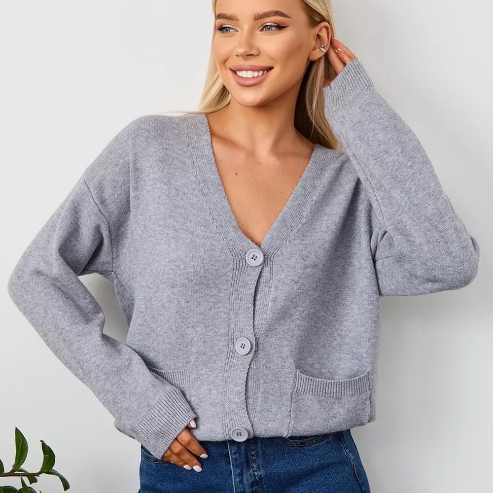 Damen lässiger Strickcardigan mit V-Ausschnitt und praktischen Taschen Drune