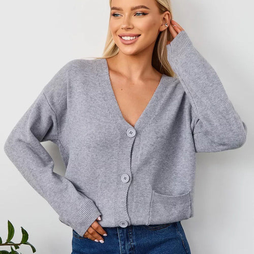 Damen lässiger Strickcardigan mit V-Ausschnitt und praktischen Taschen Drune
