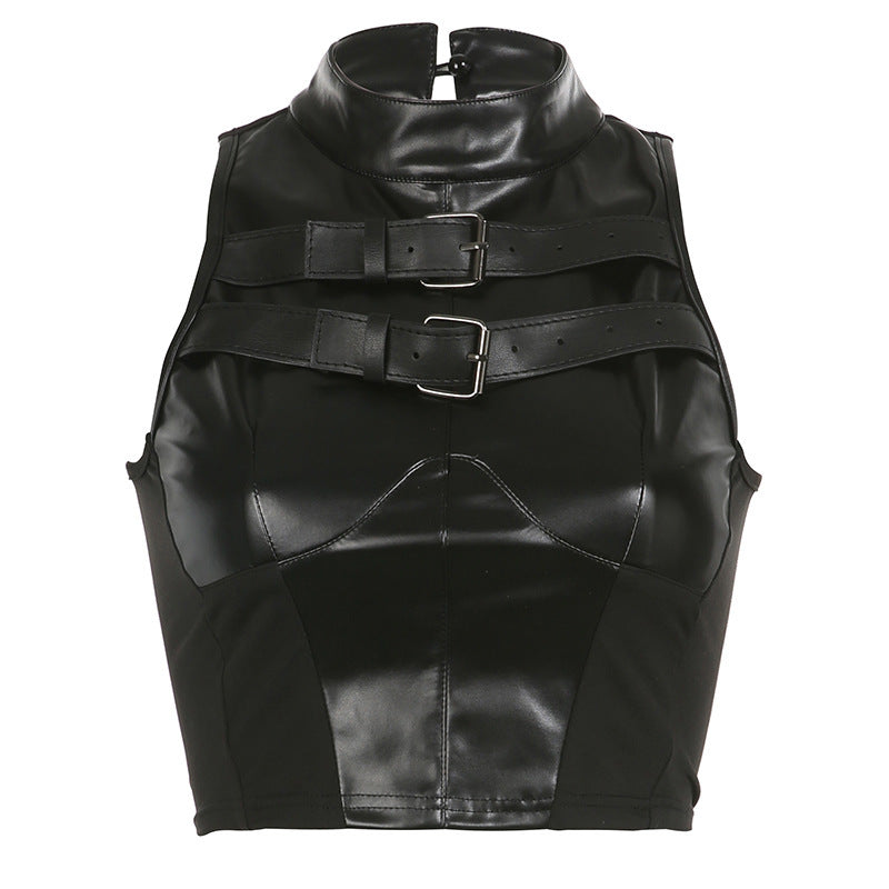 Damen trendiges Kunstledercrop-Top mit verstellbaren Schnallen Drune