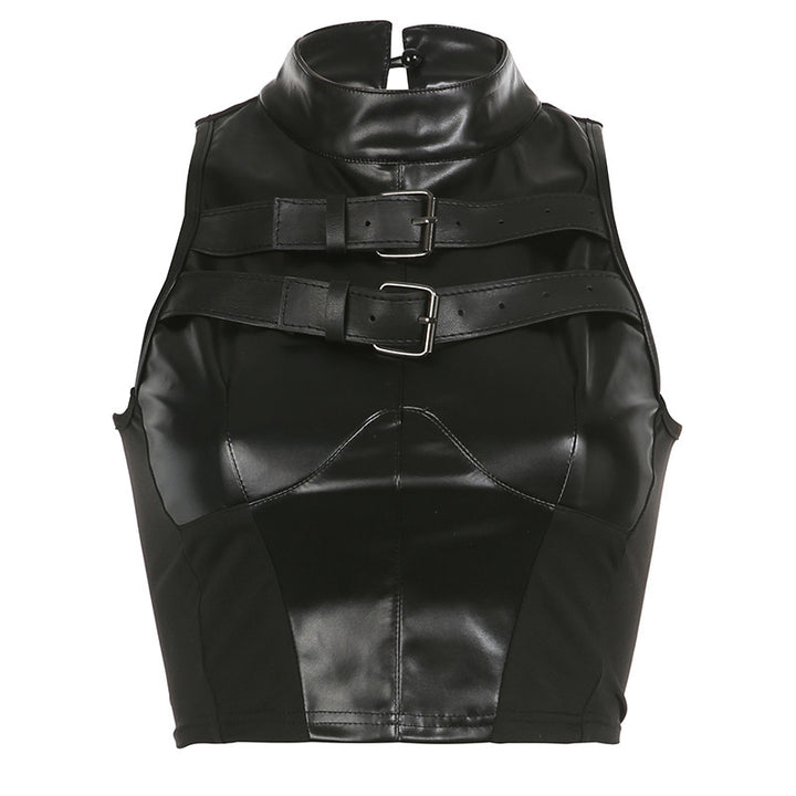 Damen trendiges Kunstledercrop-Top mit verstellbaren Schnallen Drune