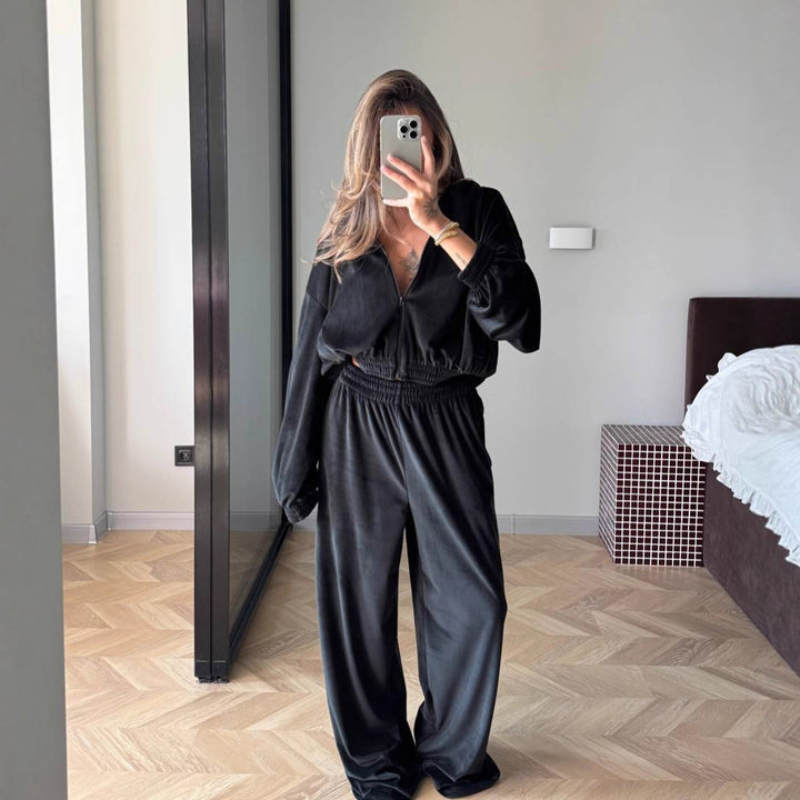 Damen modisches Velours-Set mit elastischem Bund und hohem Kragen Drune