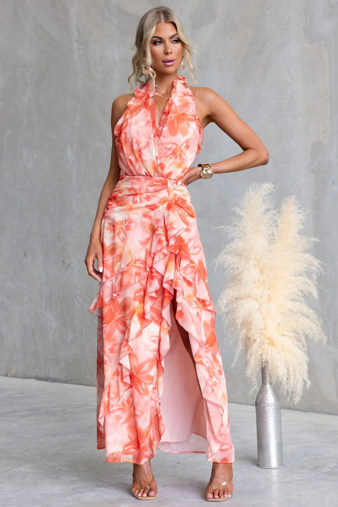 Damen Maxikleid mit fließendem Design und Rüschendetails Drune