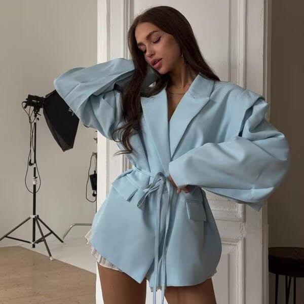 Damen nan taillierter Blazer mit Bindegürtel, Reverskragen und Schulterpolstern Drune
