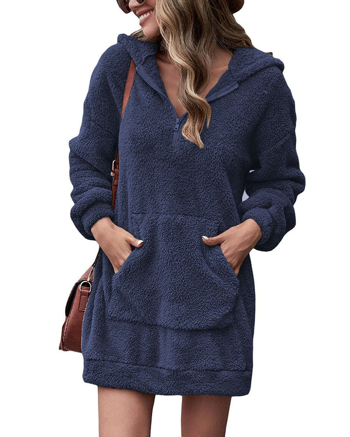 Damen Kuscheliger Hoodie-Kleid mit praktischen Taschen und halben Reißverschluss Drune