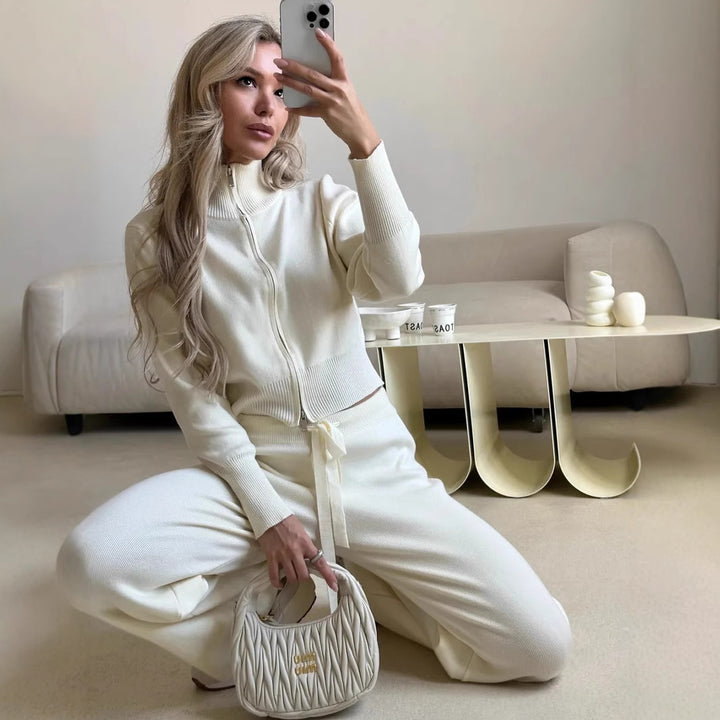 Damen lockerer Strick-Loungewear-Anzug mit hohem Kragen Drune