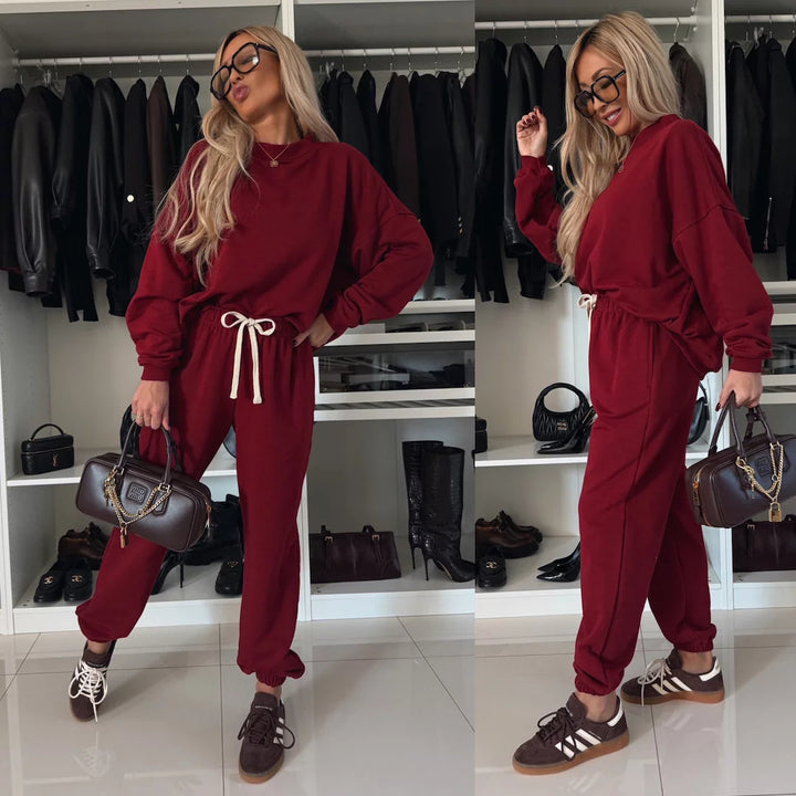 Damen Modisches Fleece-Loungewear-Set mit weitem Schnitt und elastischem Bund Drune