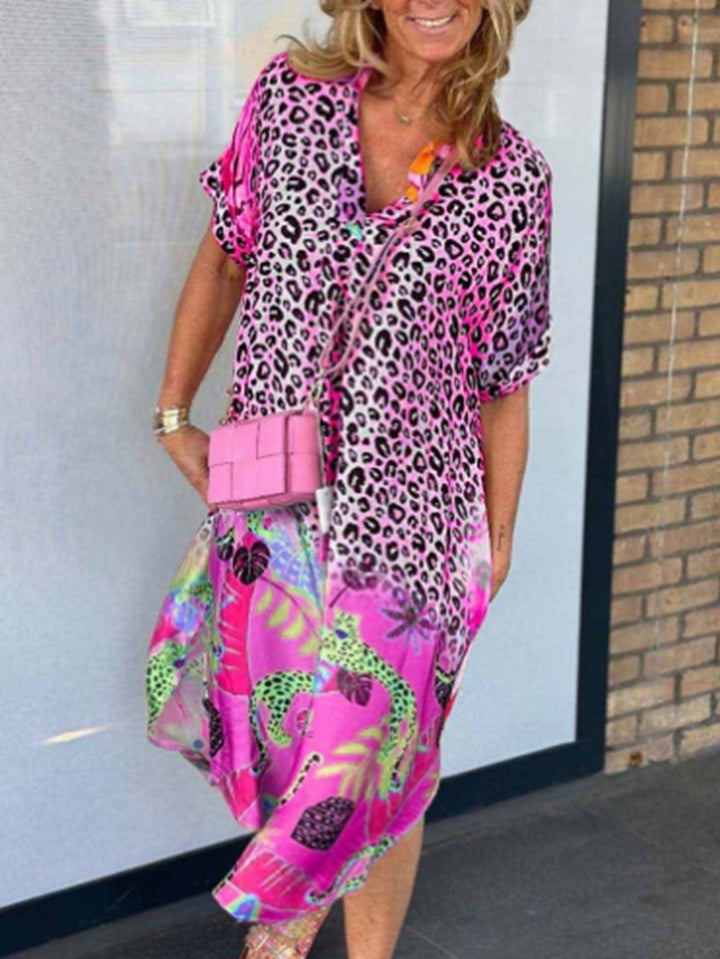 Damen nan weit geschnittenes V-Ausschnitt Midikleid mit Leoparden- und Tropenprint Drune
