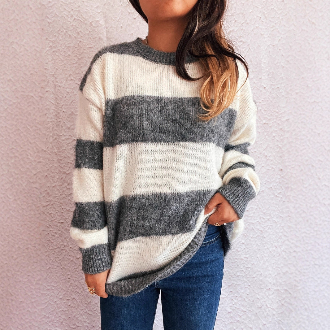 Damen lässiger Streifenpullover im Oversized-Schnitt Drune