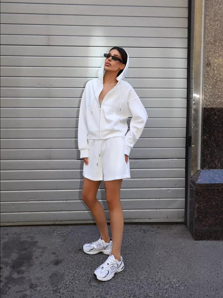 Damen nan kurzes Kapuzen-Sweatshirt mit Reißverschluss und elastischer Highwaist-Relax-Shorts Set Drune