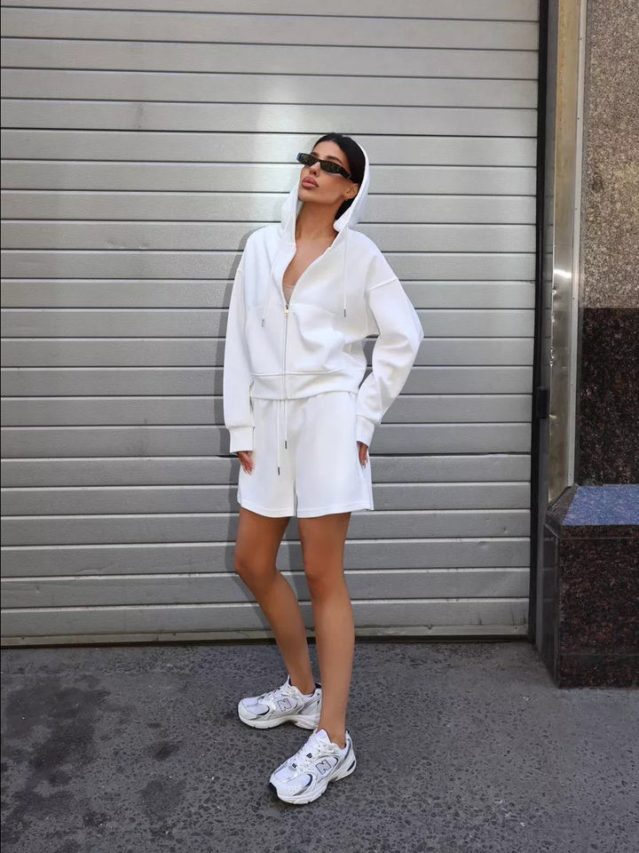 Damen nan kurzes Kapuzen-Sweatshirt mit Reißverschluss und elastischer Highwaist-Relax-Shorts Set Drune