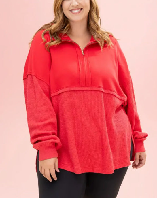 Damen lässiger Pullover mit halbem Reißverschluss und voluminösen Ärmeln Drune