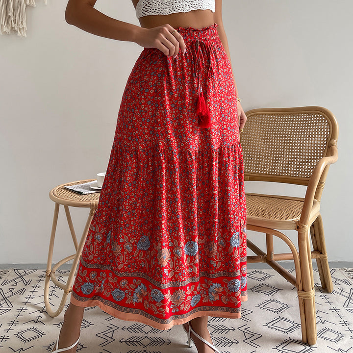 Damen nan leichter Stufen-Maxirock mit elastischem Rüschenbund, Kordel-Tassel und zartem Paisley-Print Drune