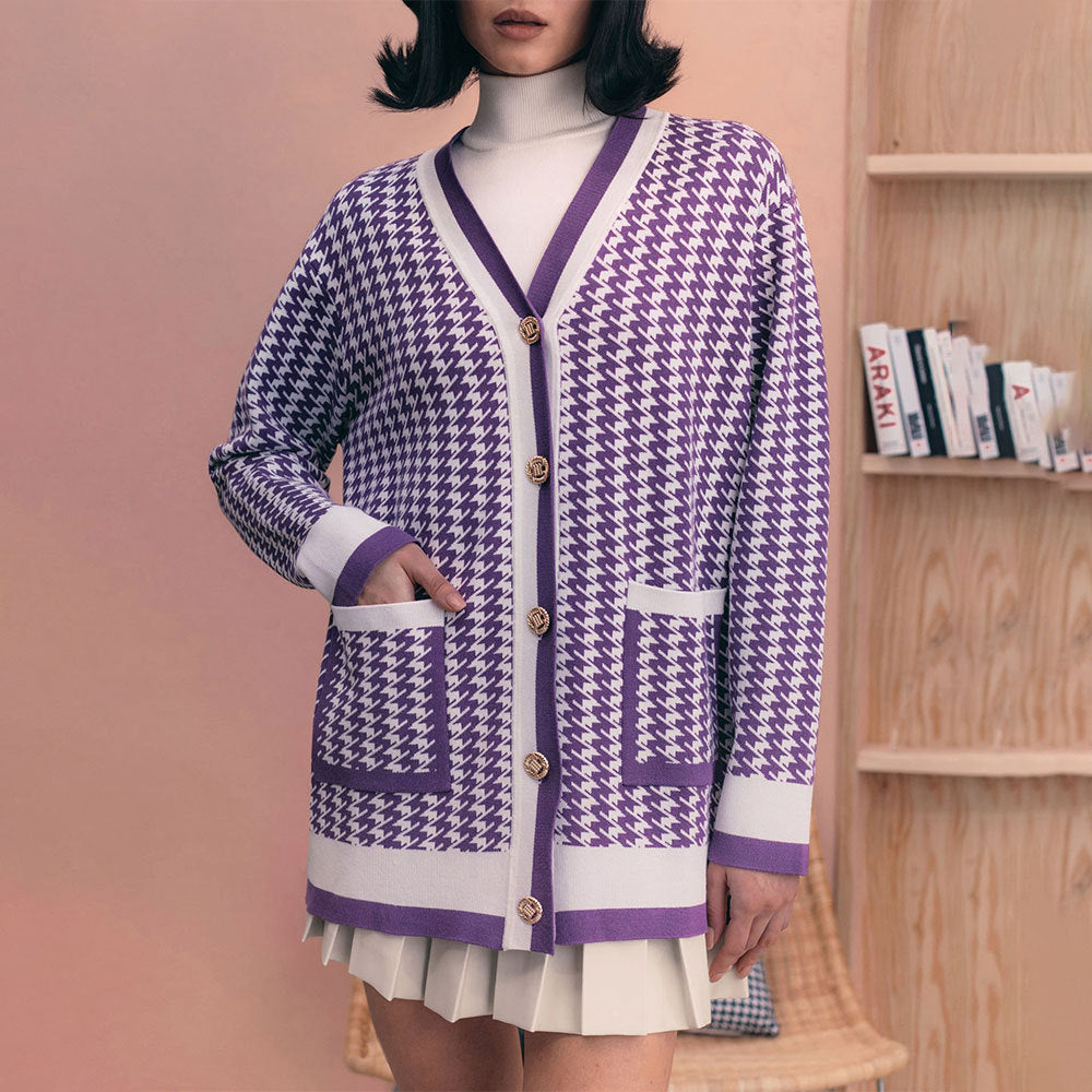 Damen Strickcardigan mit klassischem Hahnentritt-Muster und Knopfleiste Drune