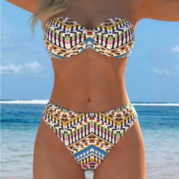 Damen Bandeau-Bikini mit stylischem Ethno-Muster und hohem Taillenschnitt Drune
