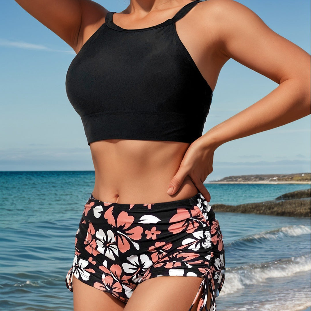 Damen Sportliches Bikini-Set mit hochgeschlossenem Oberteil und Rüschenhose Drune