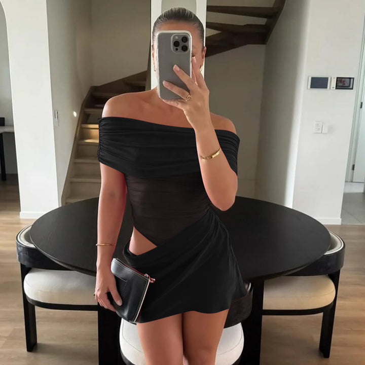 Damen Off-Shoulder Mini-Kleid mit figurbetontem Rüschendesign und asymmetrischem Saum Drune