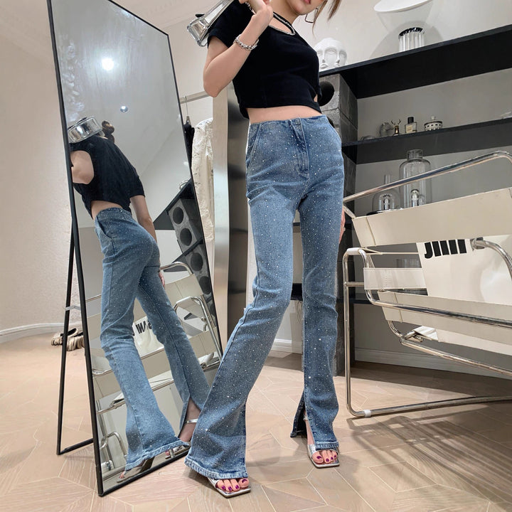Damen Glitzernde Bootcut-Jeans mit Schlitz und Stretchanteil Drune