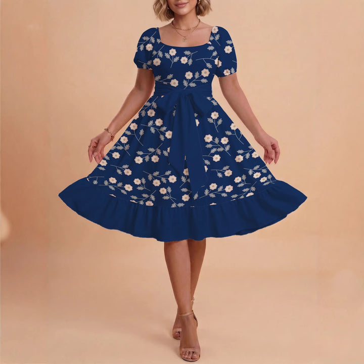 Damen Blumenkleid mit taillierbarem Gürtel und voluminösen Ärmeln Drune
