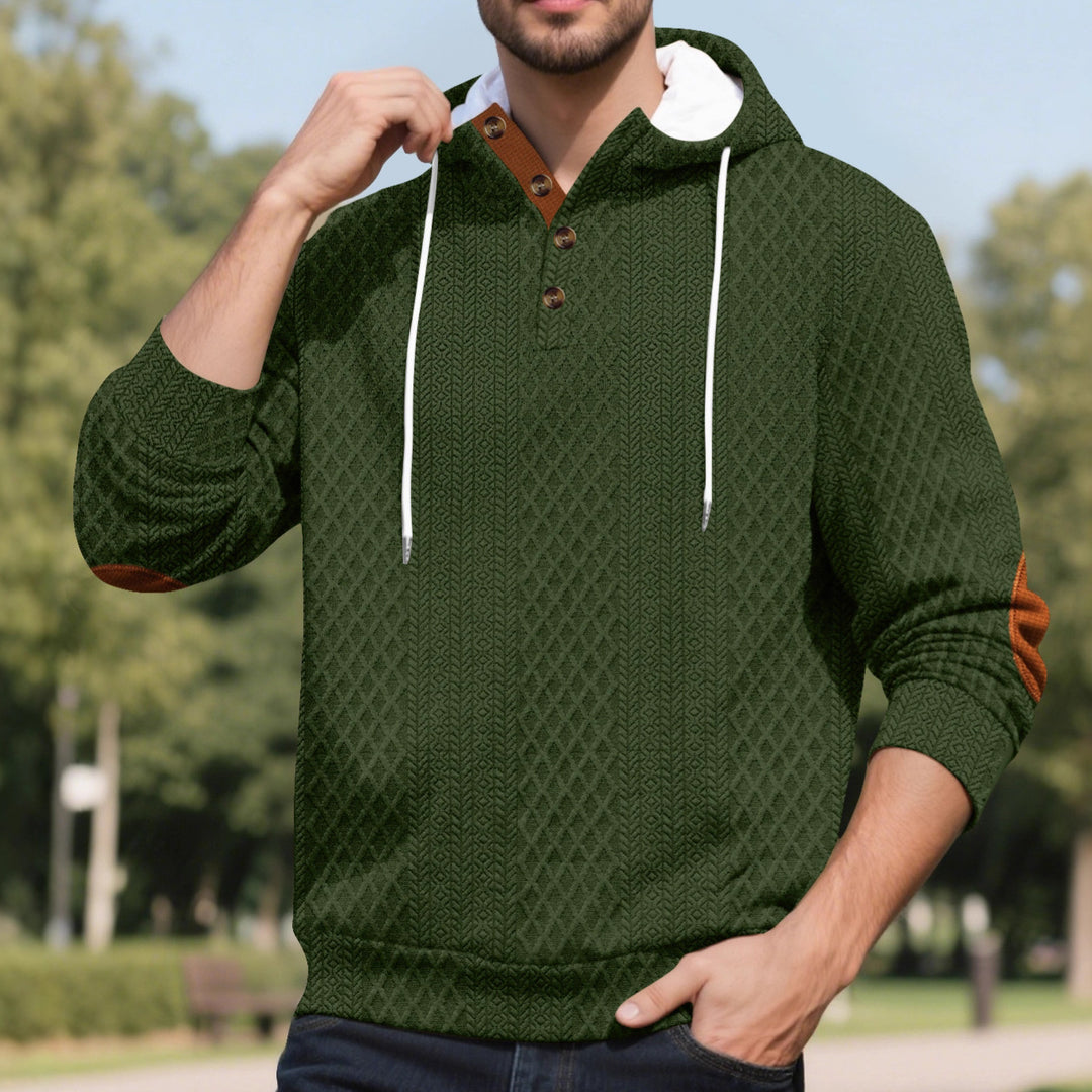 Herren nan Diamond-Struktur Kapuzenpullover mit Kurzknopfleiste, gesteppter Kapuzeninnenkante und Wildleder-Ellbogenpatch Drune