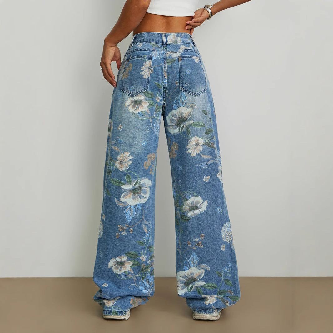 Damen weite Jeans mit floralem Design und hohem Taillenbund Drune