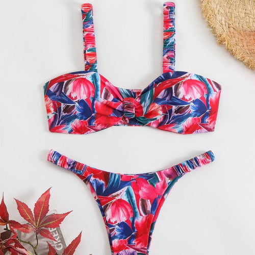 Damen Triangel-Bikini mit tropischem Druck und zarten Rüschen Drune