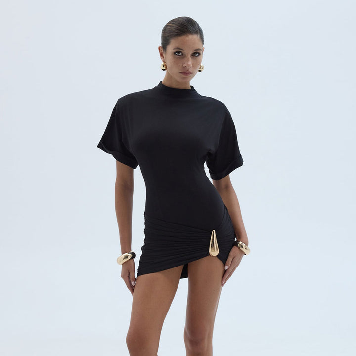Damen Elegantes Minikleid mit hohem Kragen und asymmetrischem Rüschendesign Drune