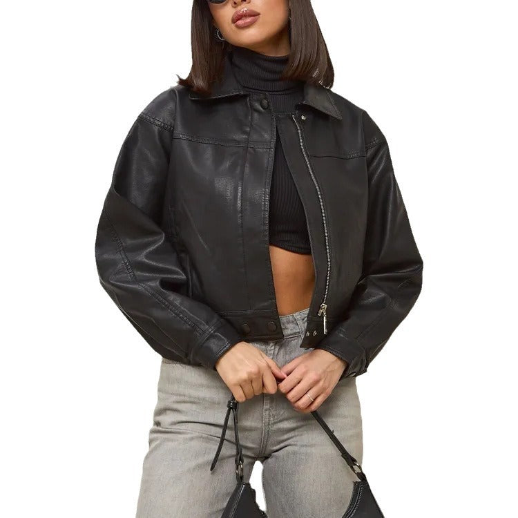 Damen modische cropped Kunstlederjacke mit eleganten Details Drune