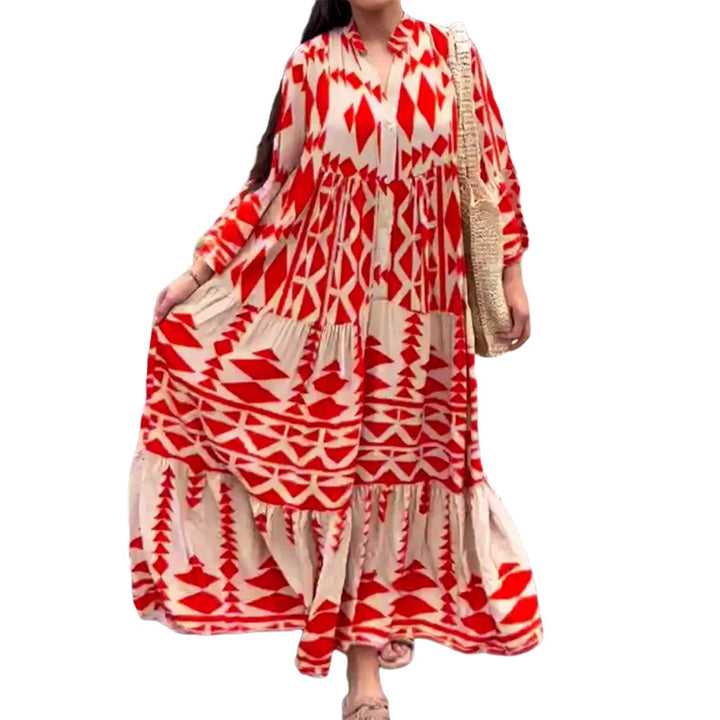 Damen Maxikleid mit geometrischem Muster und fließendem Schnitt Drune