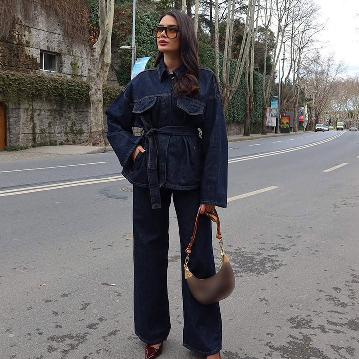 Damen lässige Denim-Jacke mit Gürtel und weitem Schnitt Drune