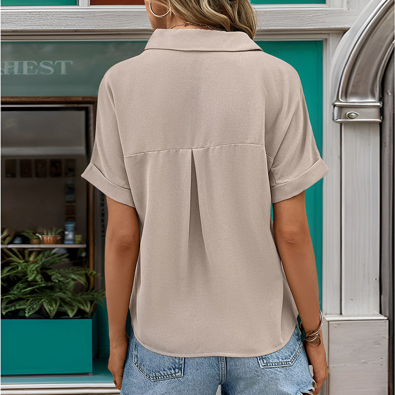 Damen Kurzarmbluse mit Knopfleiste und Brusttasche Drune